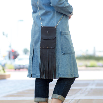 "Urban Chic" cell phone pouch with fringe.-handmade leather bags-handcrafted leather-unique design bag-luxury leather bag-stylish bag-OKOhandbags